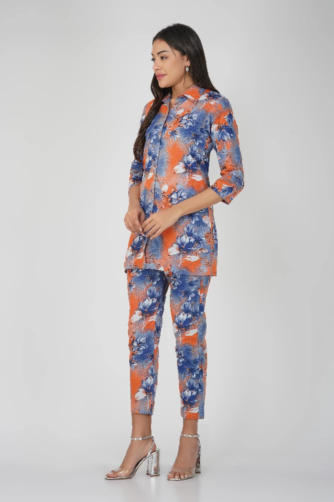 Blue with Orange Print Cotton Co-ord Set-3.webp
